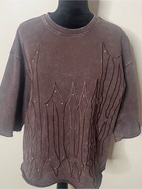 Kloud 9 Men’s Brown Crewneck Embroidered Stud Raw Edge Cotton Sweatshirt Sz S